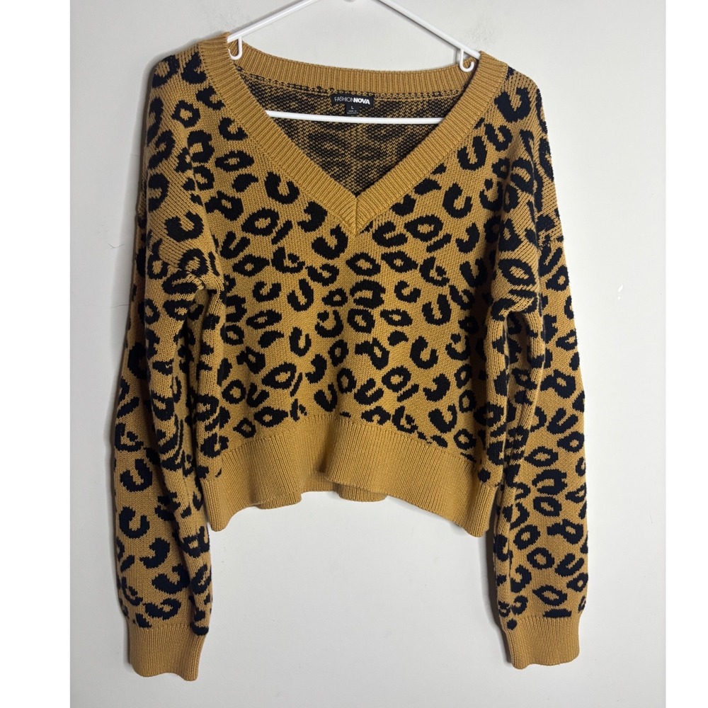 Fashion Nova Mustard Leopard V-Neck Sweater Women Size L